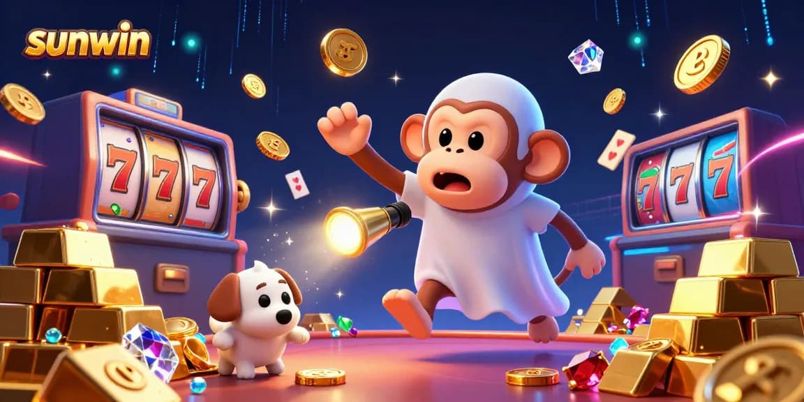 Engage with sunwin's interactive gameplay, featuring a playful poltergeist monkey in a vibrant casino scene.