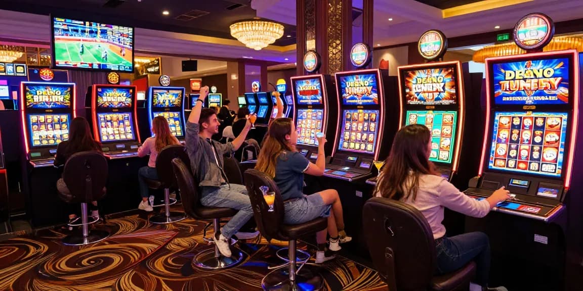 Exciting scene of friends playing slot raffi ahmad themed machines in a vibrant casino