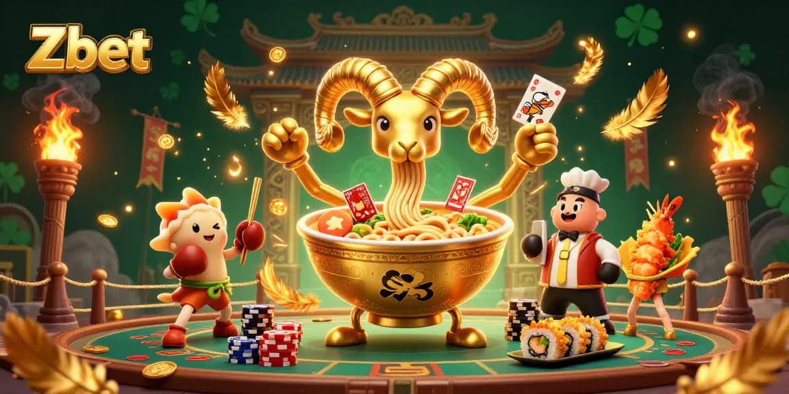 Zbet showcases a vibrant 3D scene of a ramen bowl character dealing cards, vibrant casino atmosphere.
