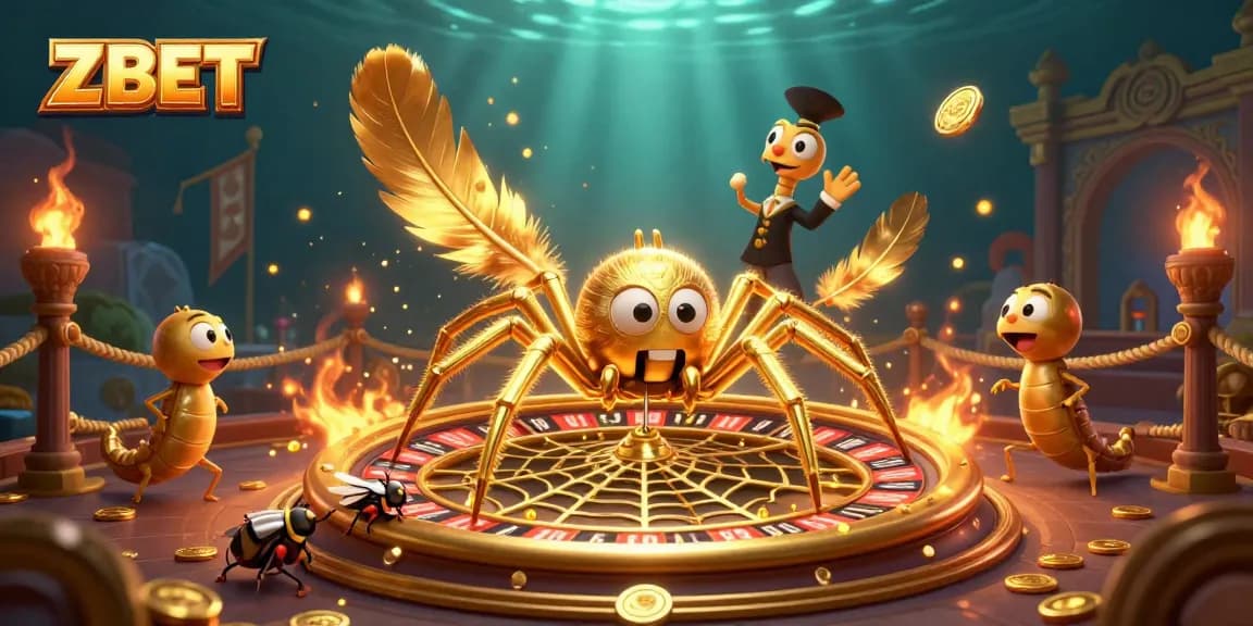 ZBET encourages players to spin the roulette wheel while a golden spider weaves a dynamic web in a vibrant casino scene.