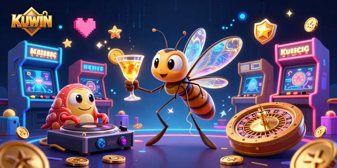 Kuwin offers thrilling casino action with a vibrant game scene showcasing 3D characters and gold elements.