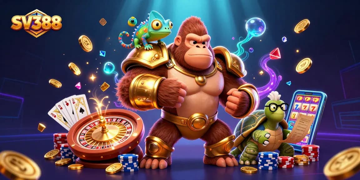 Experience thrilling cockfighting action with SV388 in a vibrant 3D casino scene.