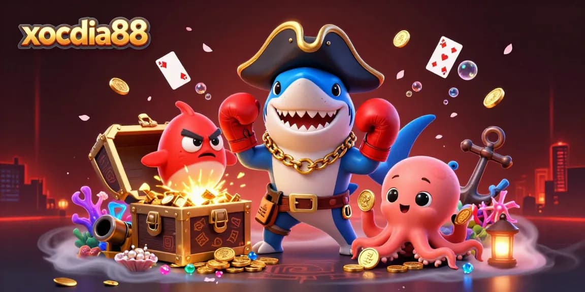 Xocdia88 reveals a thrilling underwater adventure featuring a playful shark, pufferfish, and octopus amidst treasure.