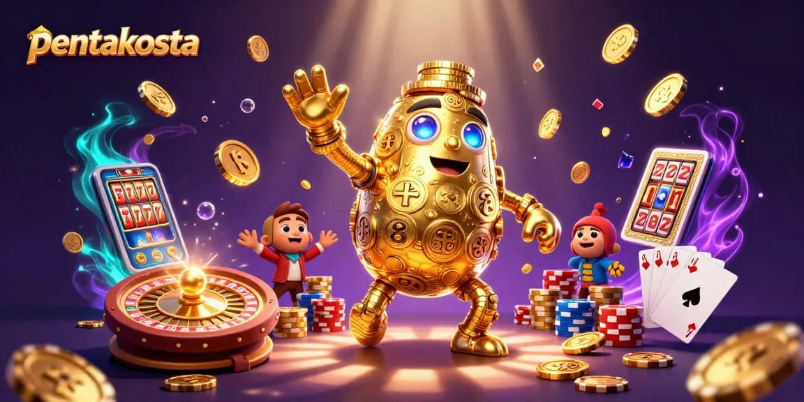 Experience pentakosta excitement with a vibrant 3D scene of a golden golem surrounded by cascading gambling elements.