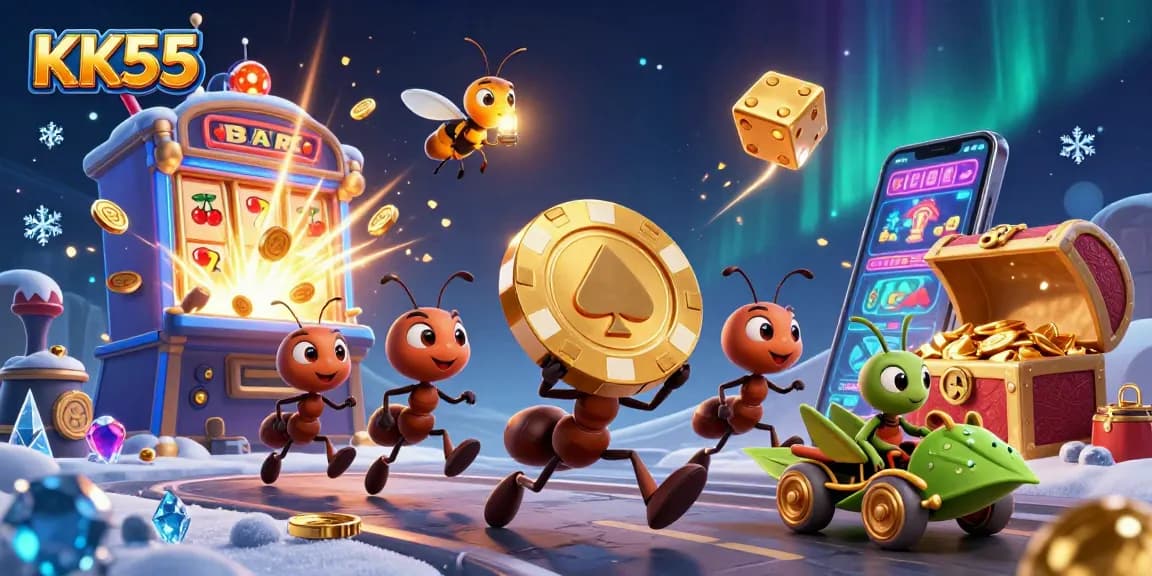 KK55 ants stealing a giant poker chip in a vibrant 3D casino heist scene.