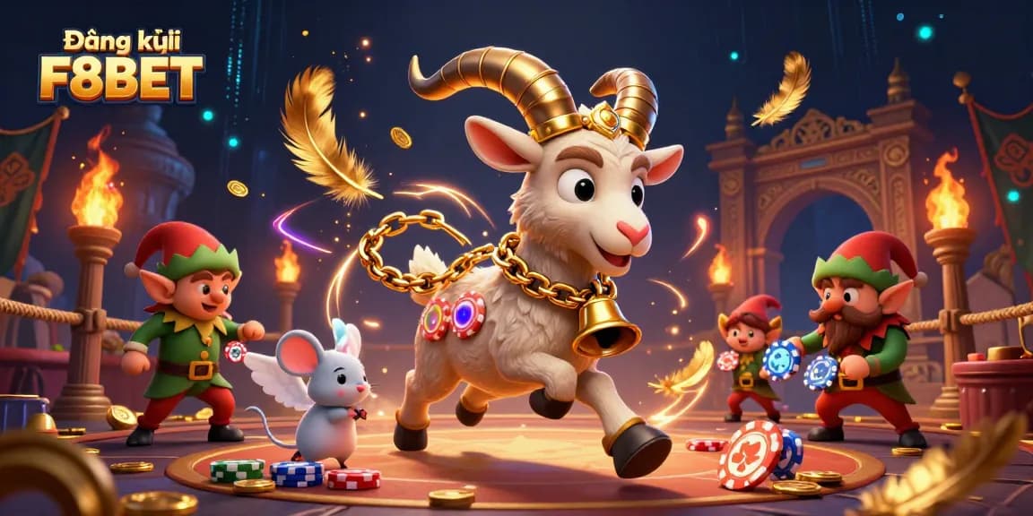 Engage in thrilling gameplay with Đăng ký F8BET at a whimsical casino featuring festive characters.