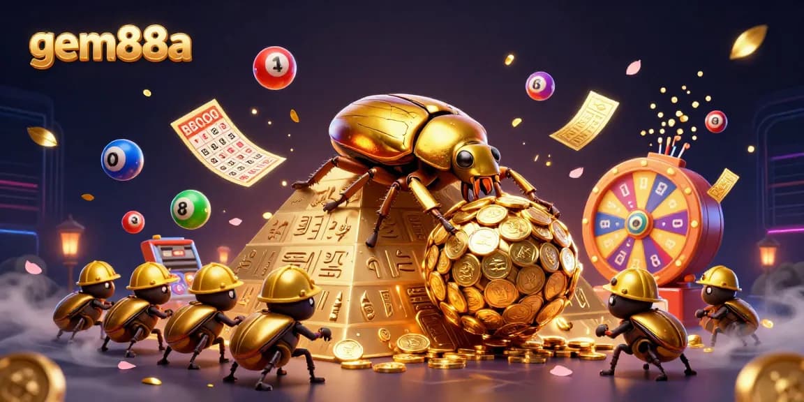 Experience the excitement of gem88a with colorful lottery balls and golden coins raining down during this vibrant casino scene.