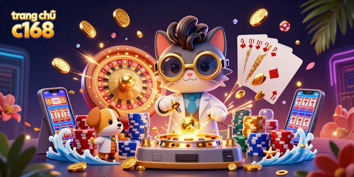Engage in thrilling gaming at trang chủ c168 with dynamic elements like golden coins and spinning roulette wheels.
