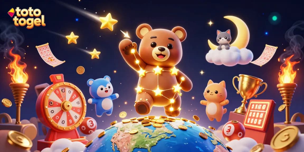 Toto togel lottery excitement with a constellation bear and dynamic prize elements.