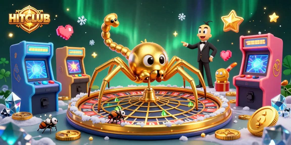 Place bets at HITCLUB as a golden spider spins a roulette web surrounded by vibrant gaming elements.