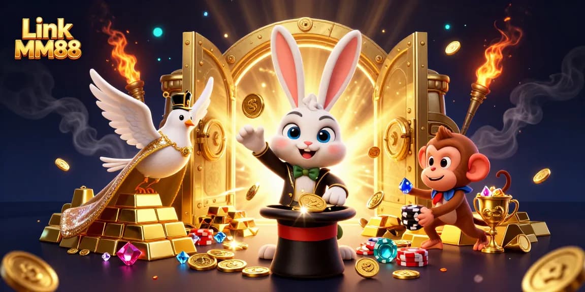 Play with exciting games at Link MM88 and win golden coins in this vibrant casino scene.