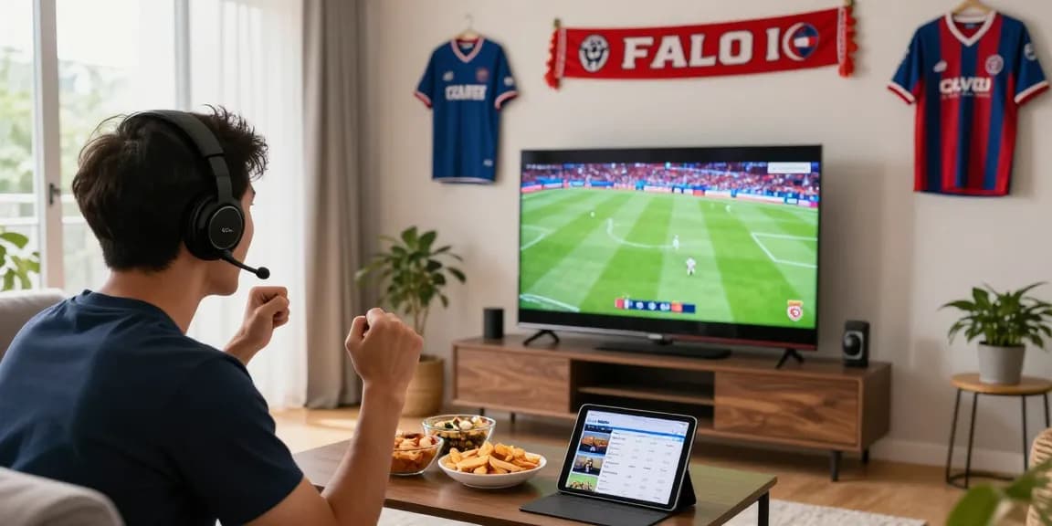 Watch live football on Multicanais with a viewer enjoying a lively game in a cozy atmosphere.