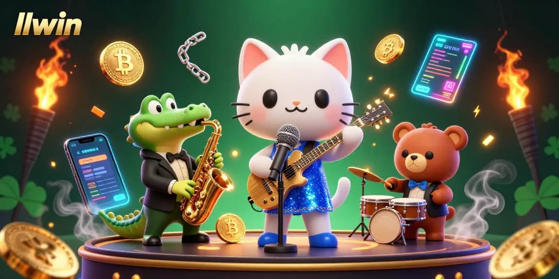 Engage with llwin's vibrant casino scene featuring a jazzy cat, croc, and bear cub amidst digital coins.