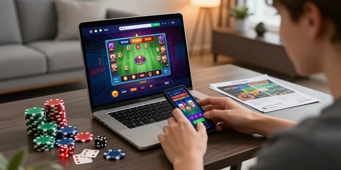 Người chơi sử dụng app E2WIN trên điện thoại di động, giữa không gian hiện đại với ánh sáng mờ dịu và những phụ kiện cá cược.