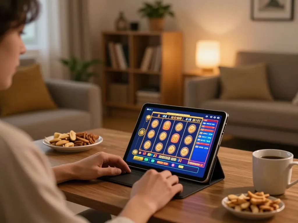 TA88 mobile gaming setup with vibrant slot games displayed on a tablet in a cozy home
