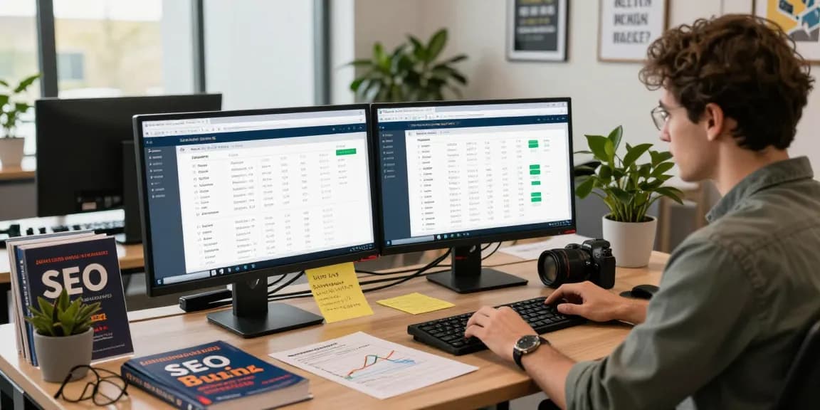 Digital marketer analyzing casino tier 2 link building strategies in a modern office with SEO tools and data.