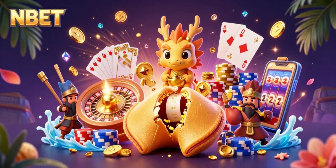 Experience the thrill of NBET gaming with golden coins, cards, and enchanting characters!