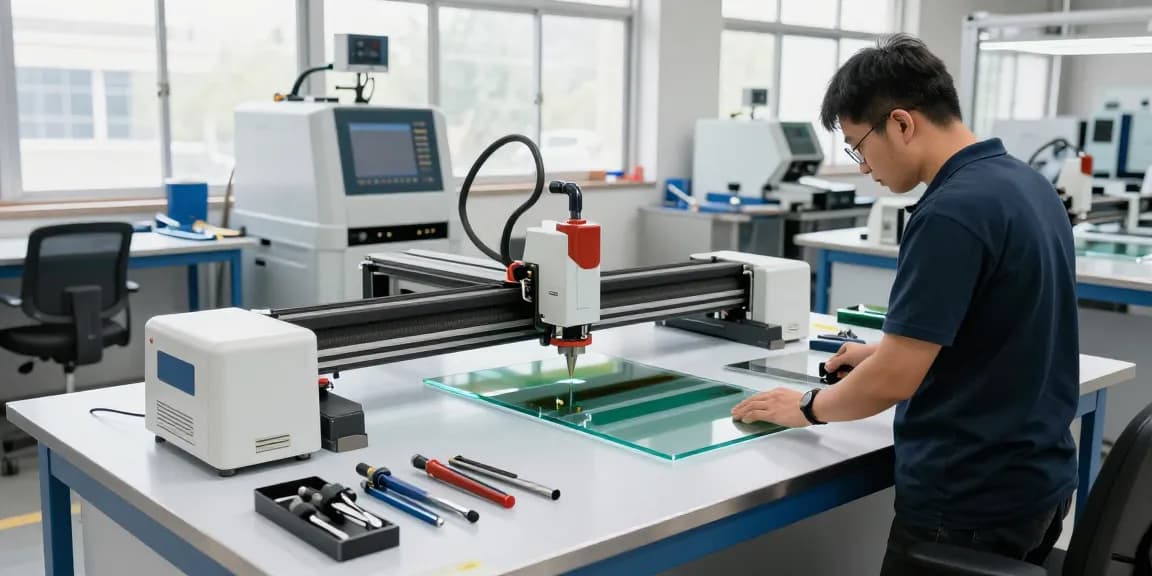 Technician using a glass cutting table in a modern workshop environment