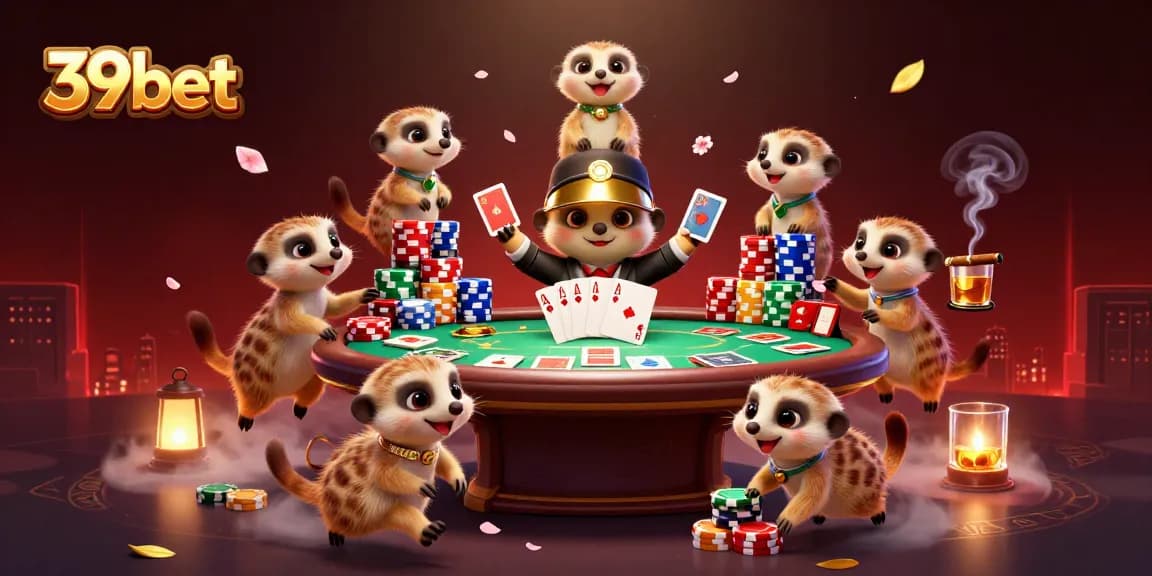 39bet meerkats engaging in a lively casino scene filled with poker chips and vibrant game elements.