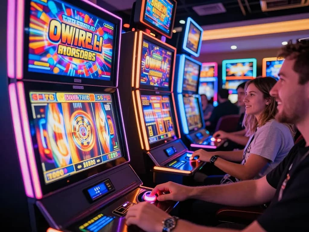 Iwin players enjoying vibrant slot machines at a bustling casino with dynamic gameplay.