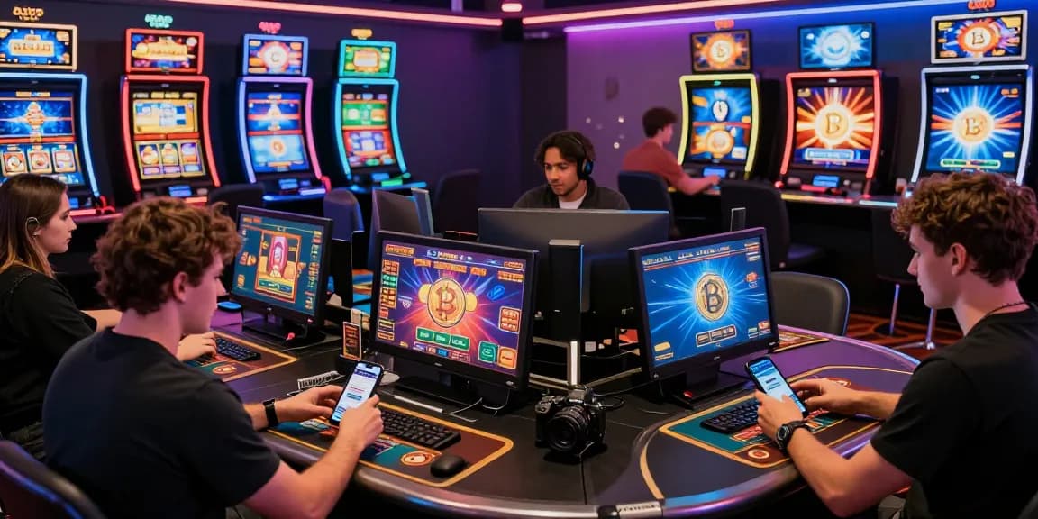 Exploring vibrant non UK casinos with diverse players enjoying games, smartphones, and live dealers in a dynamic atmosphere.