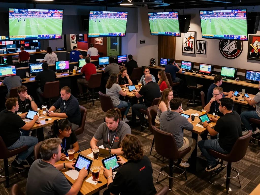 Placing bets on Kèo Nhà Cái 5 in an energetic sports betting lounge with live games displayed