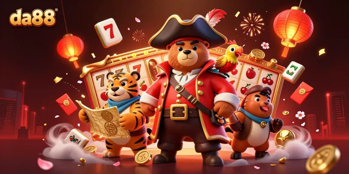 Experience da88's thrilling slot games with our vibrant 3D pirate and casino scene illustration.