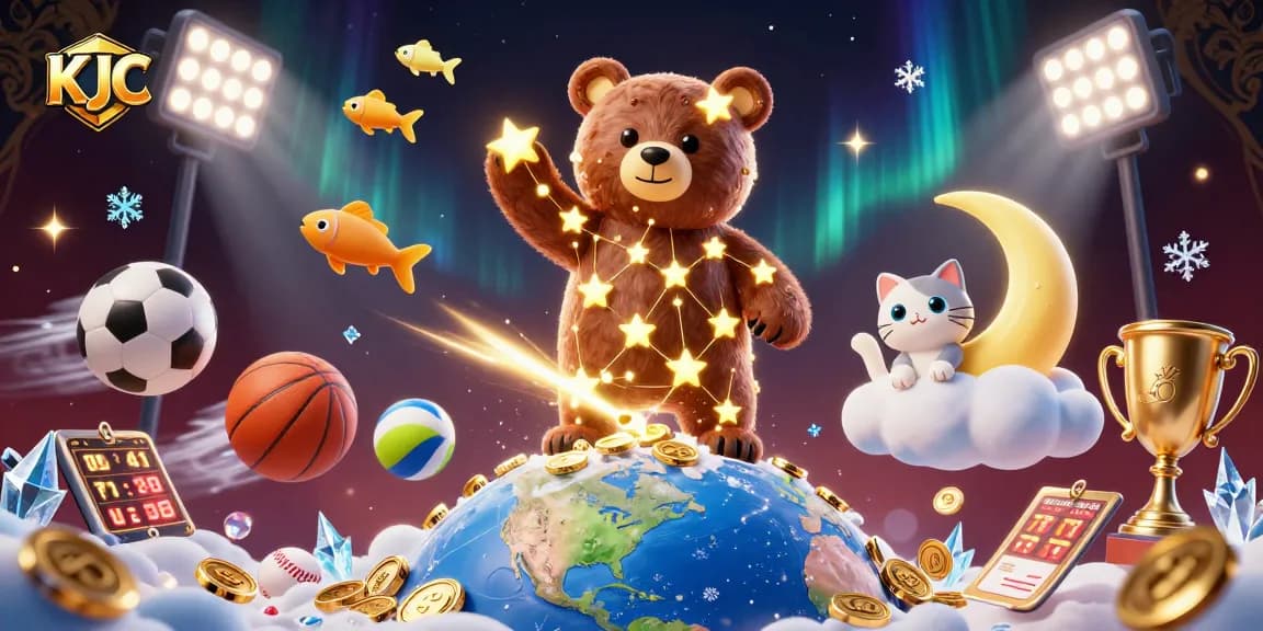 KJC presents an exciting casino scene showcasing a constellation bear and sports elements, embodying thrilling gaming energy.