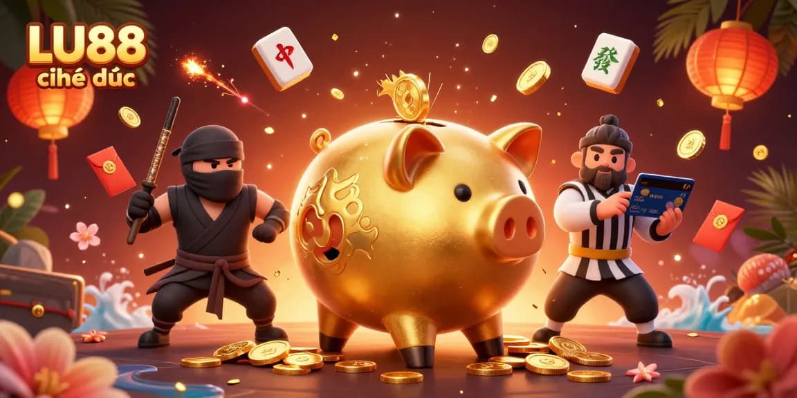 LU88 chính thức showcases a thrilling casino scene with characters celebrating winning moments amidst golden coins and festive decorations.