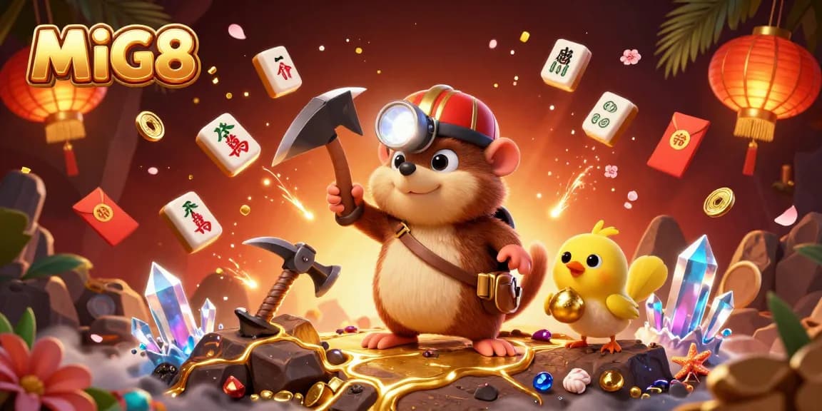 MIG8 showcases a vibrant scene of animated treasure hunters in a dazzling casino-themed cave filled with games and gold.
