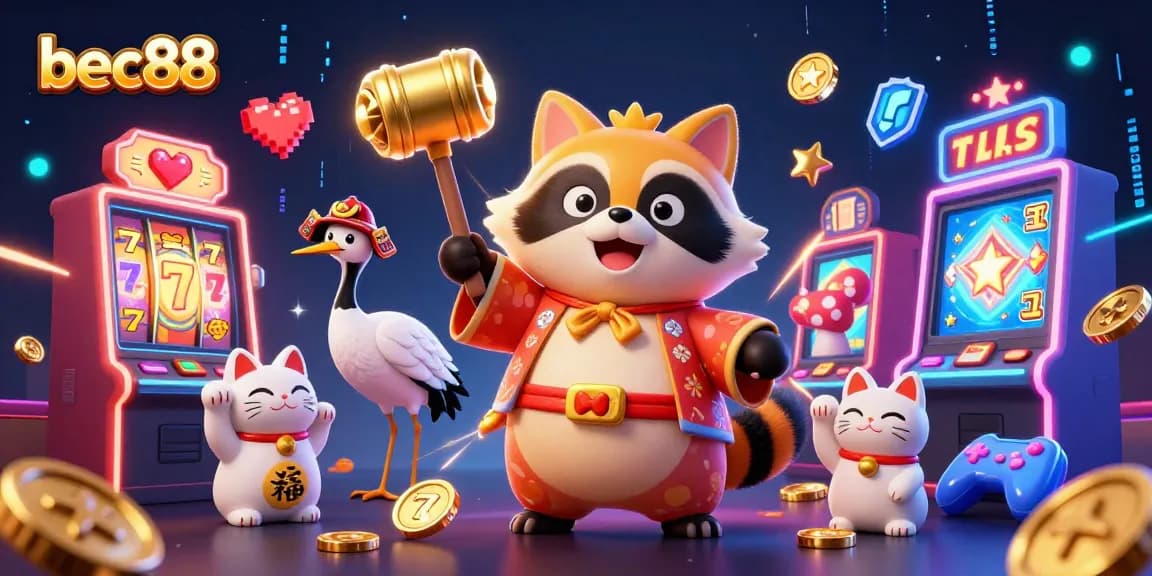 Engage with the exciting world of bec88 featuring a cheerful tanuki and neon-lit slot machines.