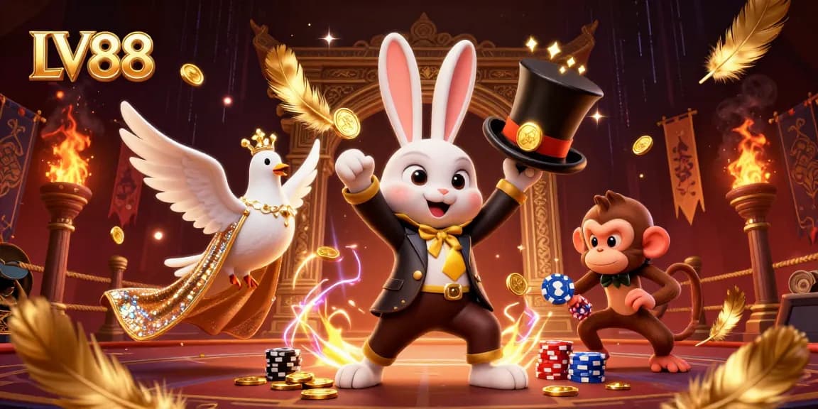 Experience thrilling magic at LV88 with a dazzling 3D illustration of a rabbit pulling coins, a dove, and a monkey.