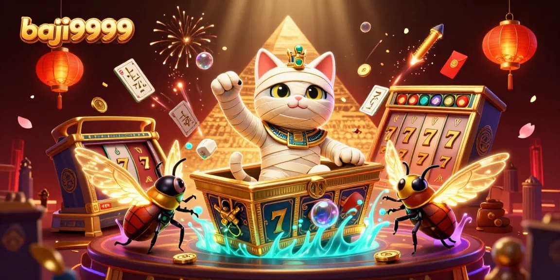 Baji9999 players experience thrilling slots with an Egyptian mummy and gold accents illustration.