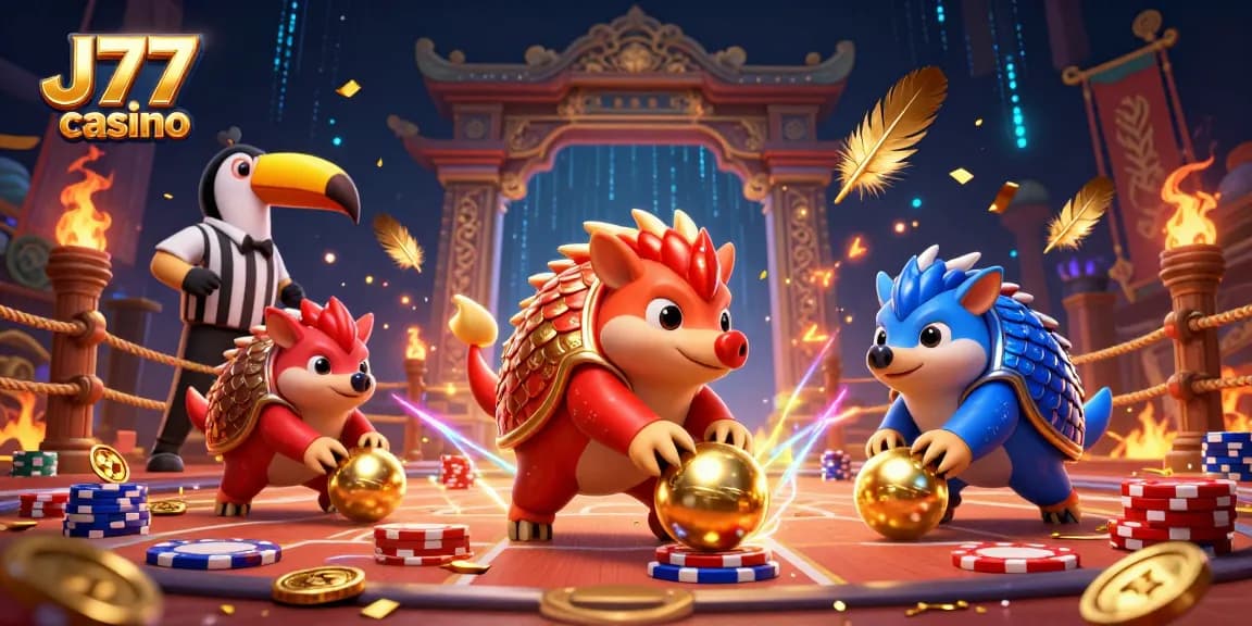 Rival pangolins compete in J77 casino, rolling golden balls amid poker chips.