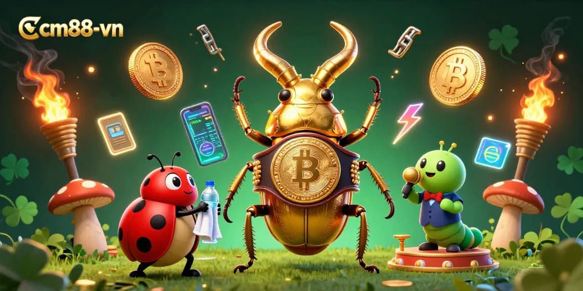 Engage with cm88-vn's vibrant casino scene featuring a golden beetle champion and ladybug corner-man.