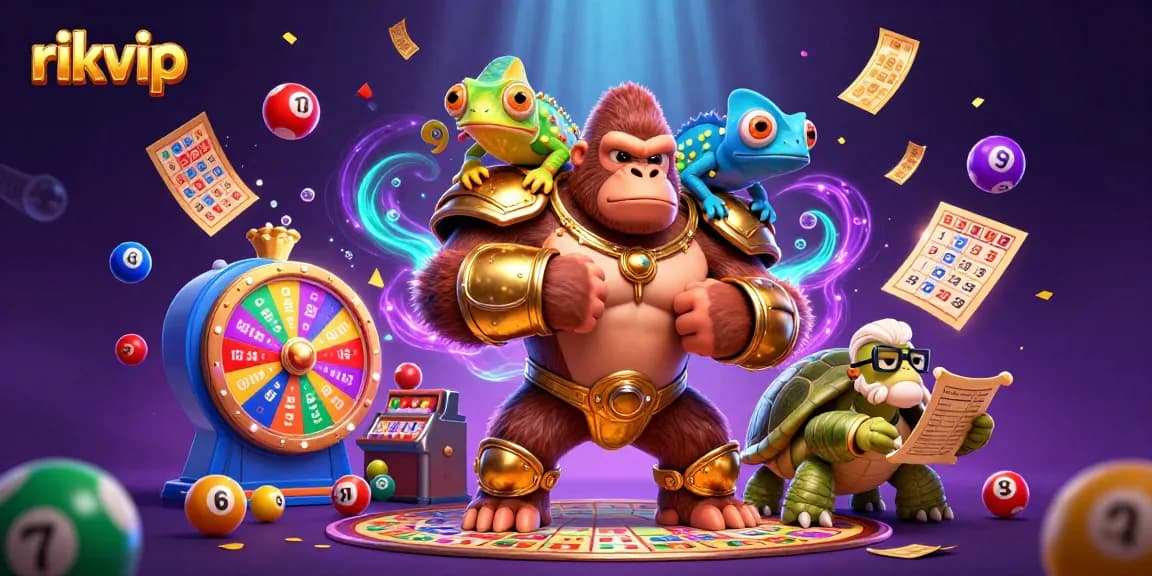 Engage with exciting games at rikvip, where a gorilla king and friends celebrate with vibrant lottery balls and prizes.