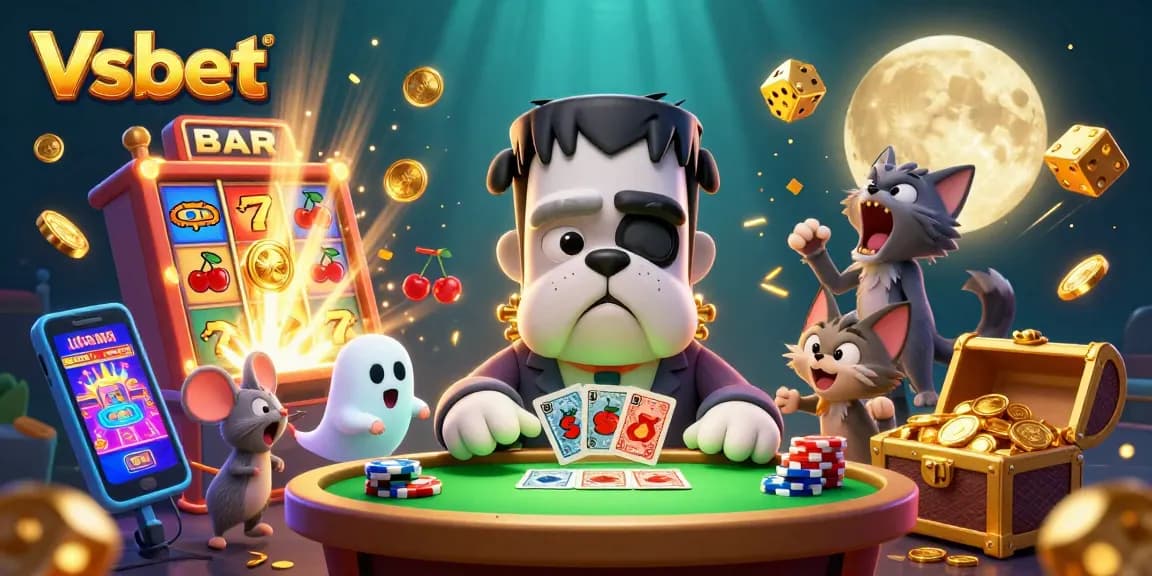 Experience casino thrills with Vsbet's lively scene of cartoon characters and jackpot excitement.