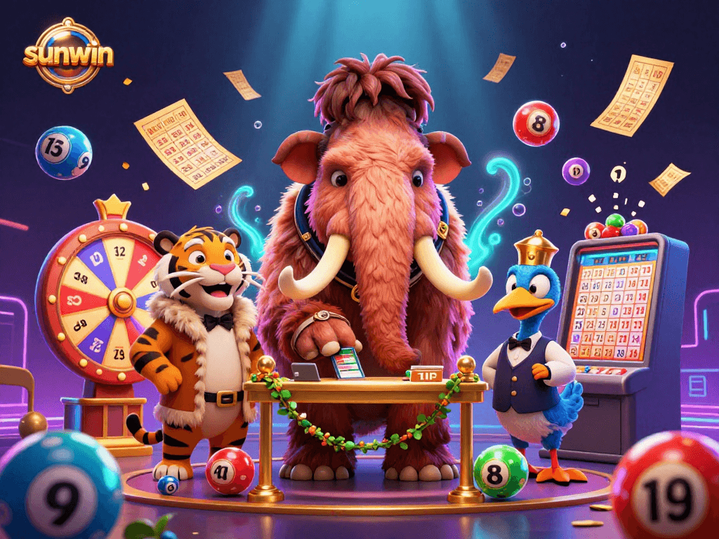 Join the excitement at sunwin with vibrant characters and dynamic lottery elements in a casino setting.