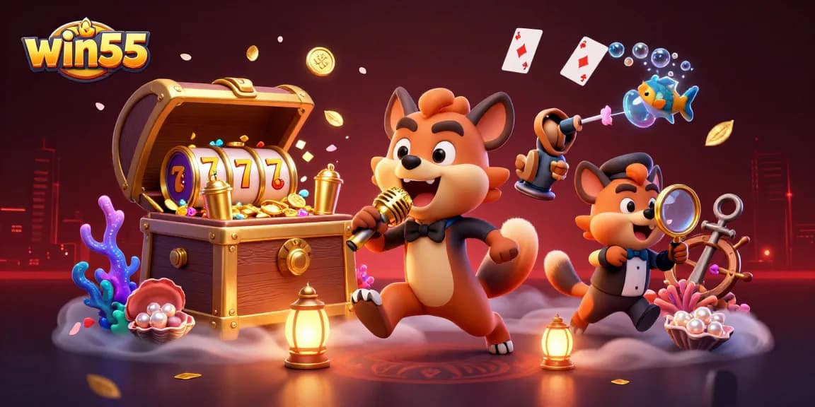 Experience the excitement of win55 at a vibrant casino with hyenas engaging in lively games.