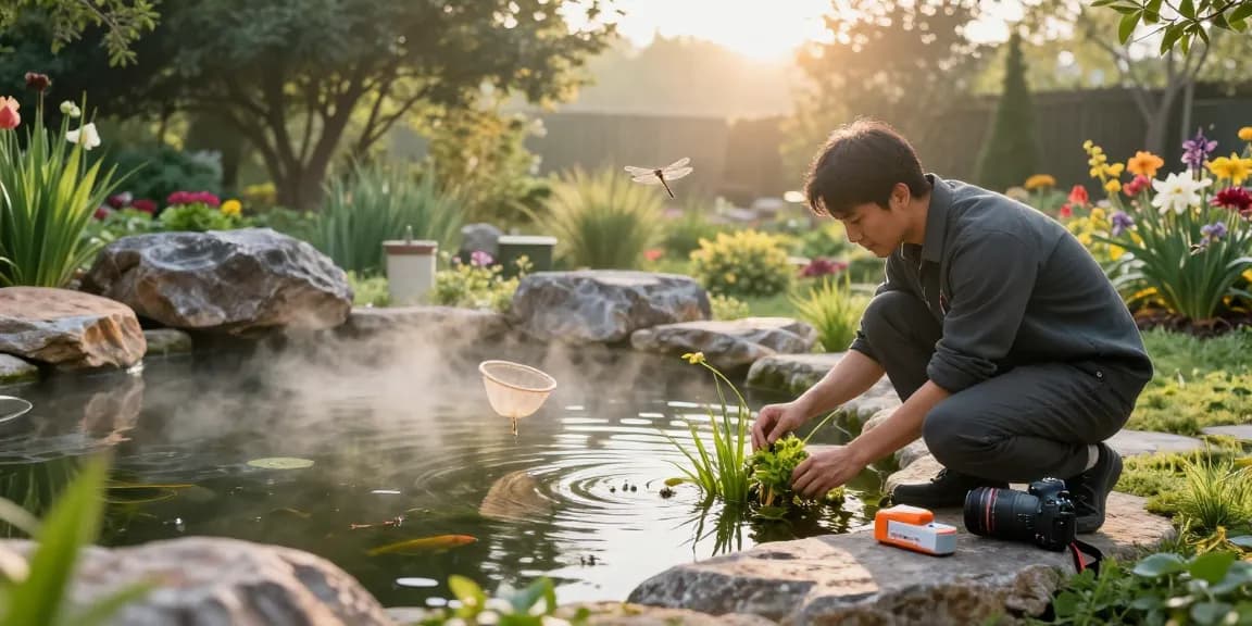 Pond specialist inspecting aquatic plants in a serene backyard pond.