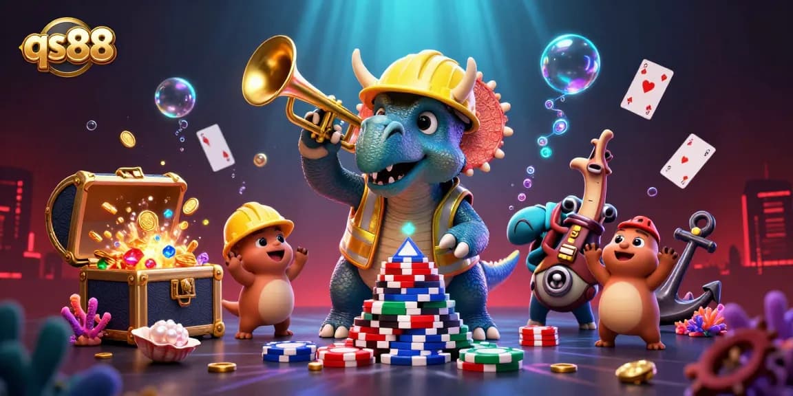 Engaging qs88 3D scene with triceratops building poker chip pyramid while celebrating underwater treasures, perfect for casino fun.