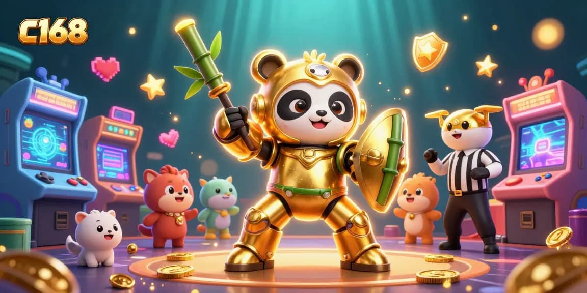 C168 casino adventure with a mech-suit panda and lively game machines in a vibrant arena.
