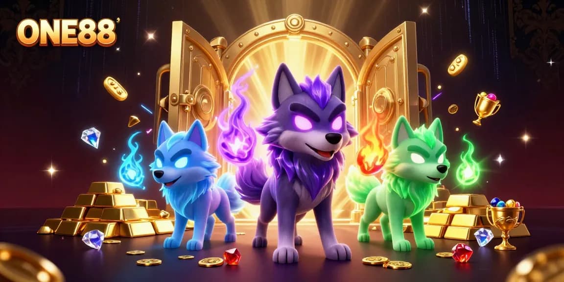 Engage with ONE88's thrilling casino experience featuring mystical wolf characters surrounded by treasures.