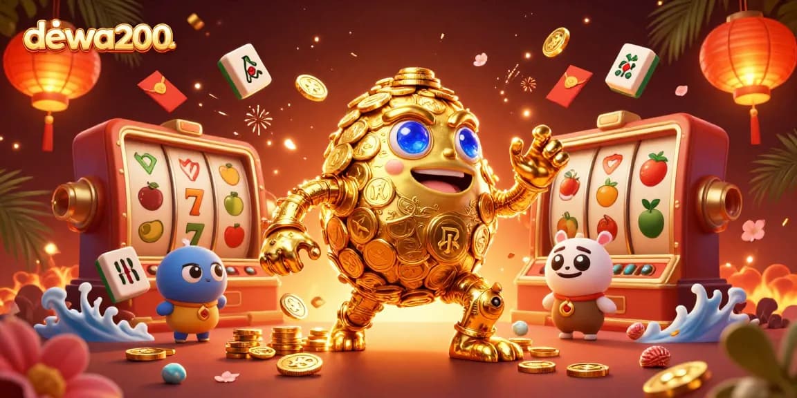 Menangkan peluang dengan dewa200 yang menampilkan golem emas dan simbol slot di kasino.