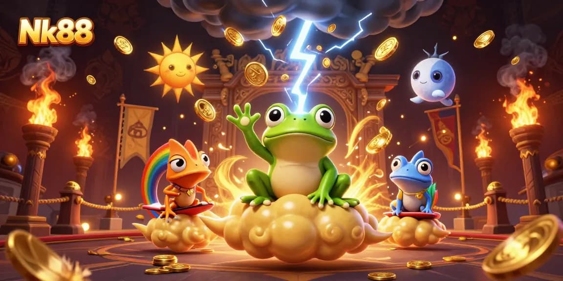 Nk88 captures the excitement of winning with golden coins and captivating characters in a dynamic casino scene.