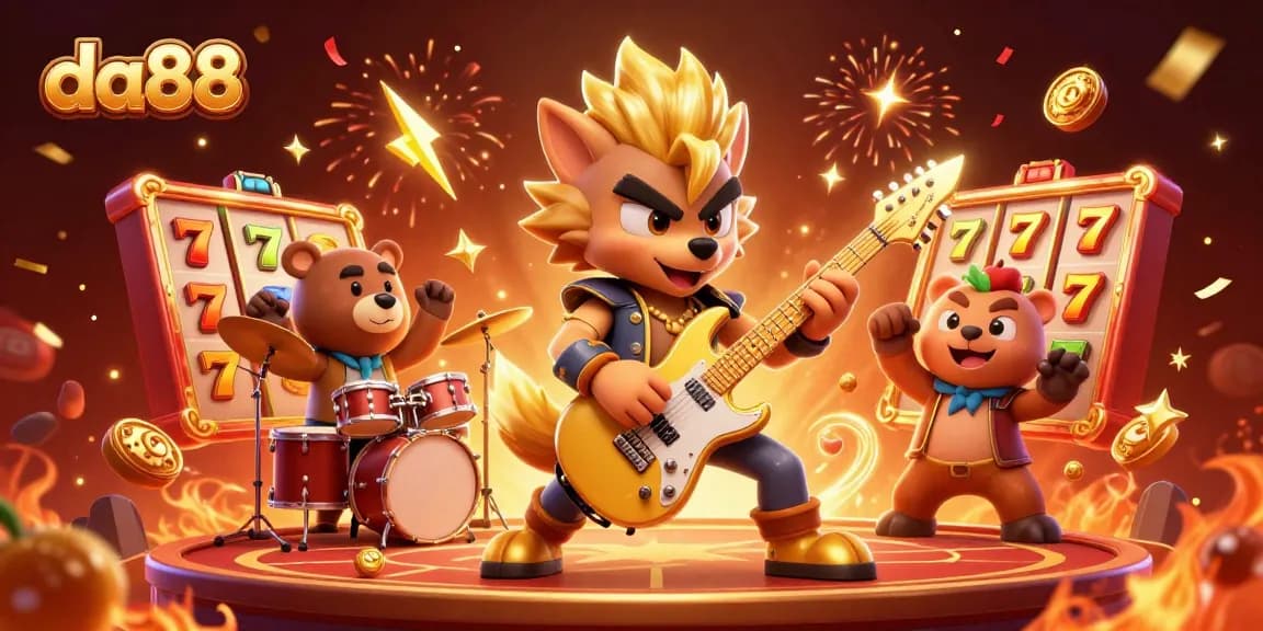 Experience excitement with da88 slot reels as a rock star wolf performs on stage, surrounded by vibrant casino elements.