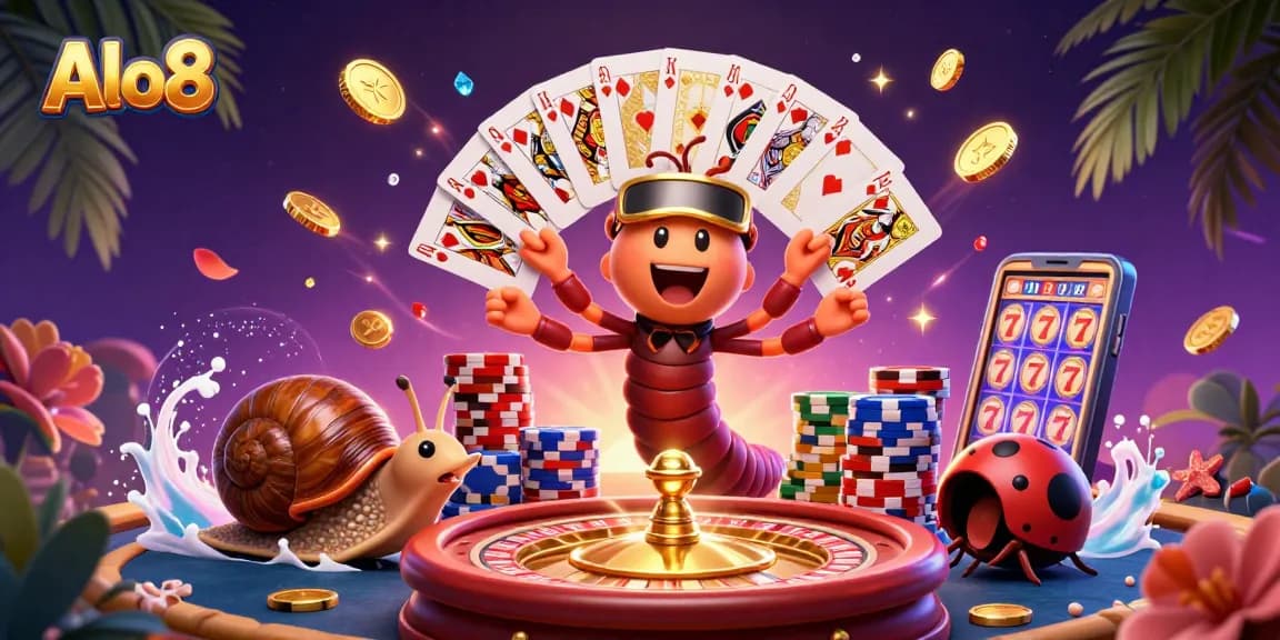 Alo8 features a vibrant scene with a 3D cartoon millipede dealer demonstrating cards alongside a snail high-roller.