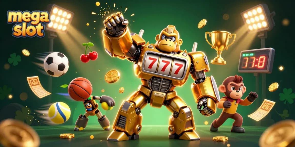 Menangkan jackpot mega slot dengan ilustrasi mesin slot 3D yang memukau dan simbol keberuntungan.