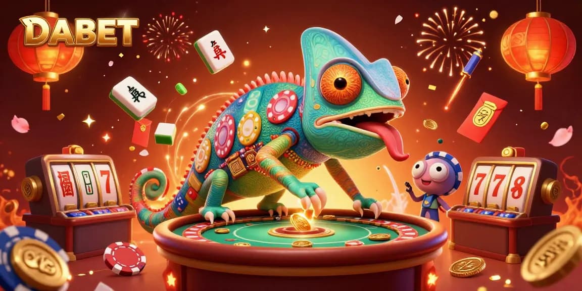 DABET offers a vibrant casino experience with a chameleon owner collecting prizes among colorful gaming elements.