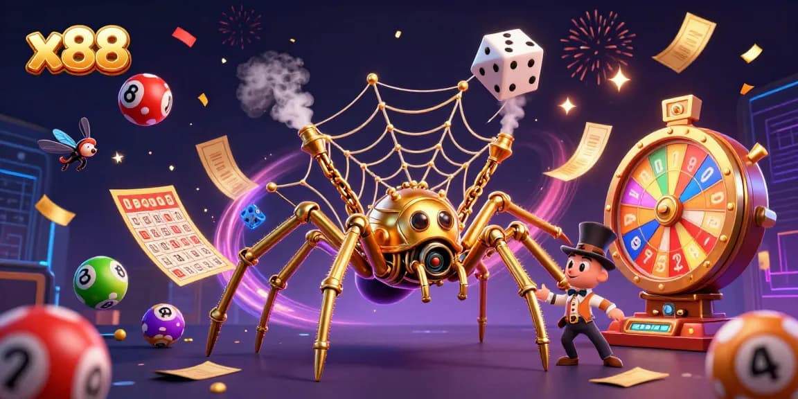 Engage with the excitement of x88 as a steampunk spider entangles dice in a dynamic gambling scene.